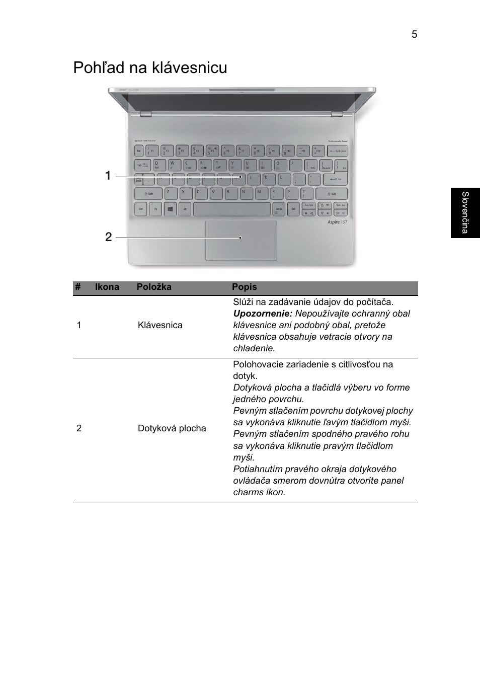 Pohľad na klávesnicu | Acer Aspire S7-391 User Manual | Page 191 / 366