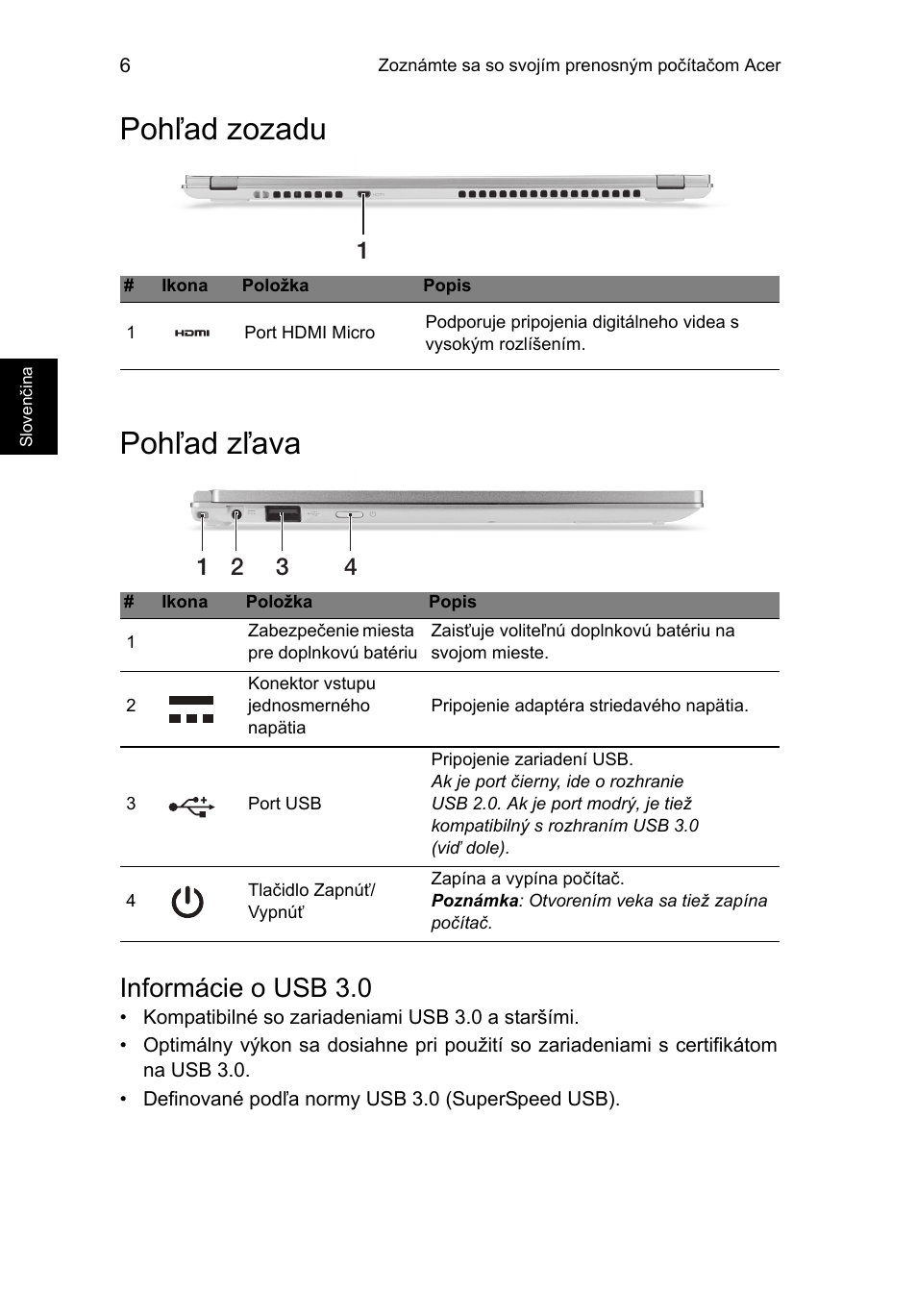 Pohľad zozadu, Pohľad zľava, Informácie o usb 3.0 | Pohľad zozadu pohľad zľava | Acer Aspire S7-391 User Manual | Page 192 / 366