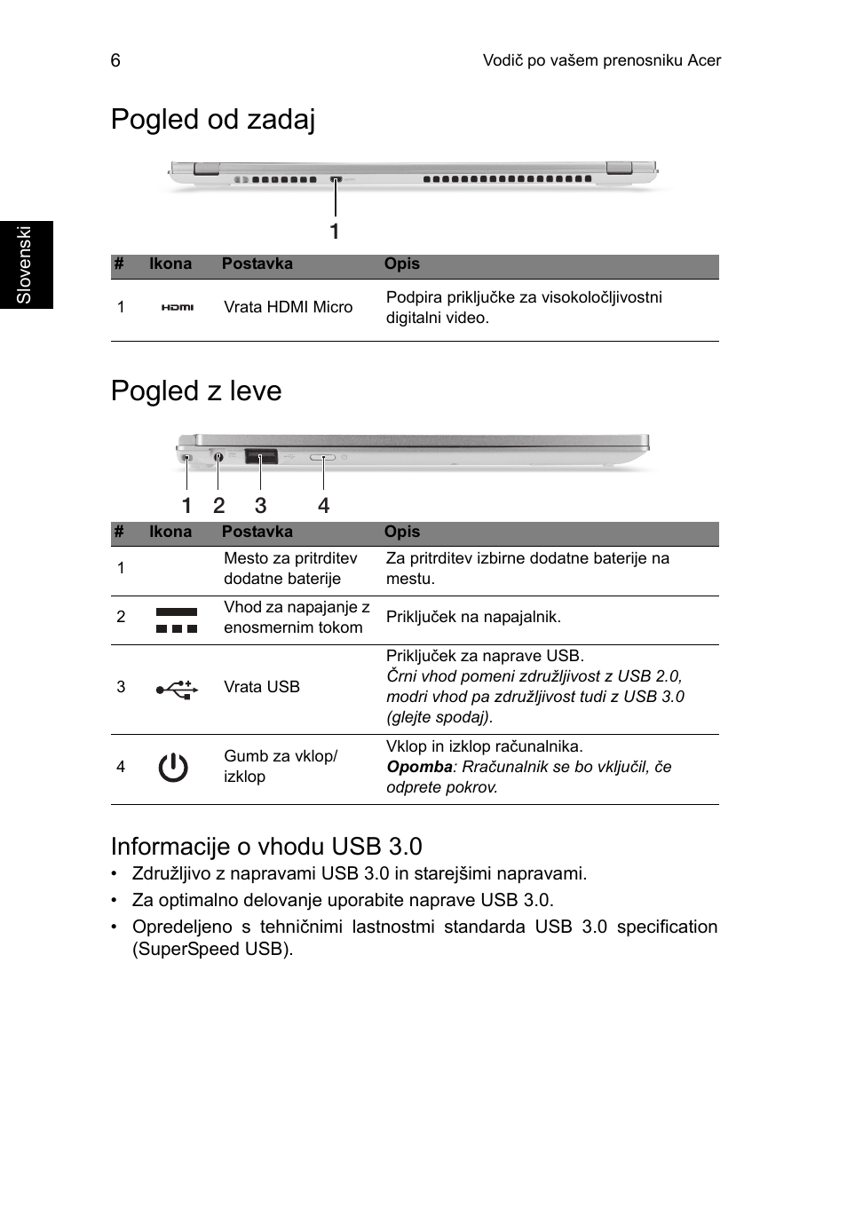 Pogled od zadaj, Pogled z leve, Informacije o vhodu usb 3.0 | Pogled od zadaj pogled z leve | Acer Aspire S7-391 User Manual | Page 204 / 366