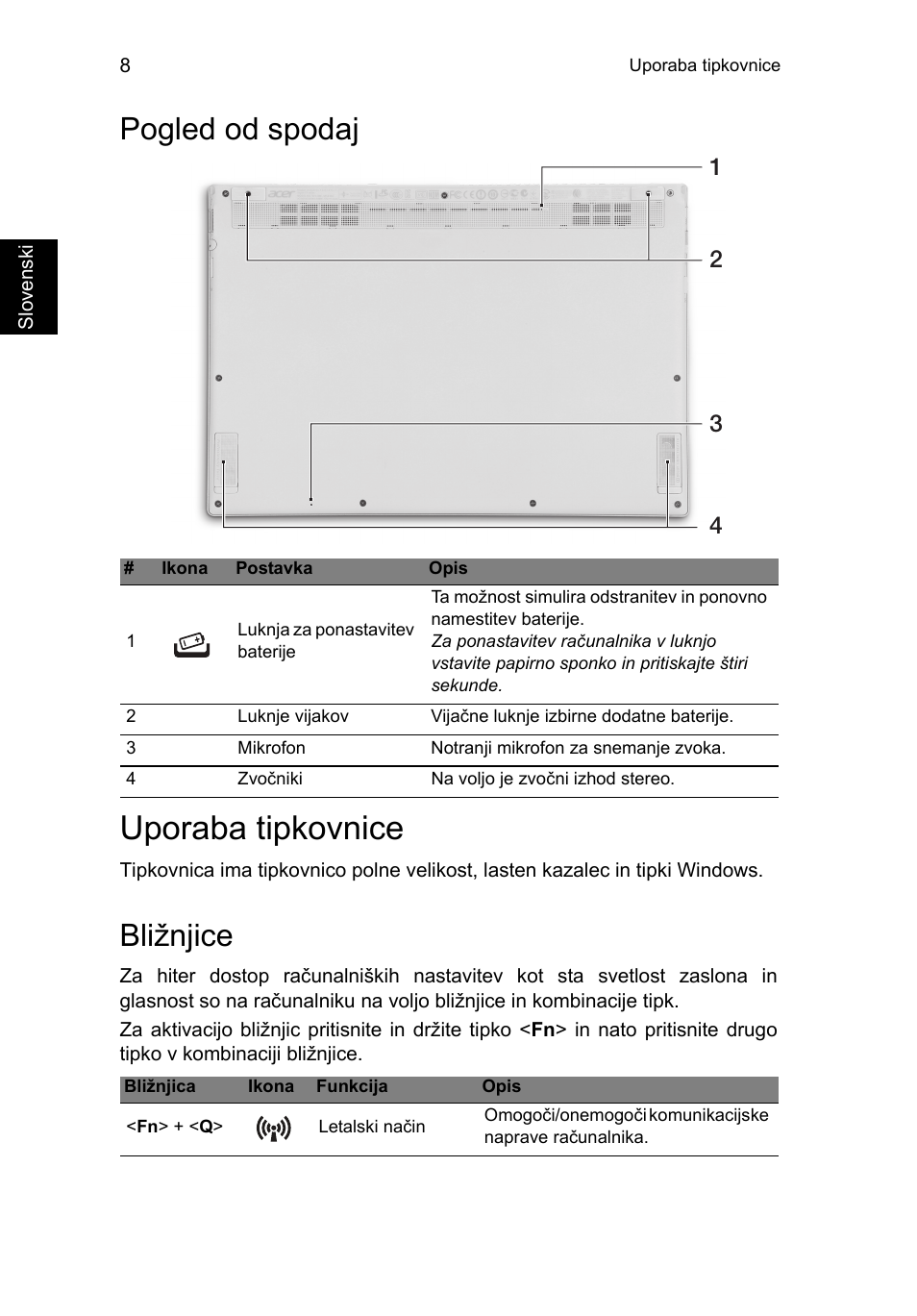 Pogled od spodaj, Uporaba tipkovnice, Bližnjice | Acer Aspire S7-391 User Manual | Page 206 / 366