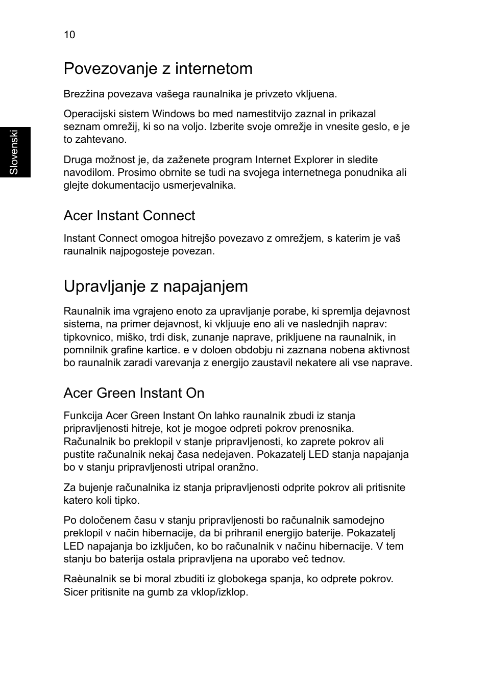 Povezovanje z internetom, Upravljanje z napajanjem, Acer instant connect | Acer green instant on | Acer Aspire S7-391 User Manual | Page 208 / 366