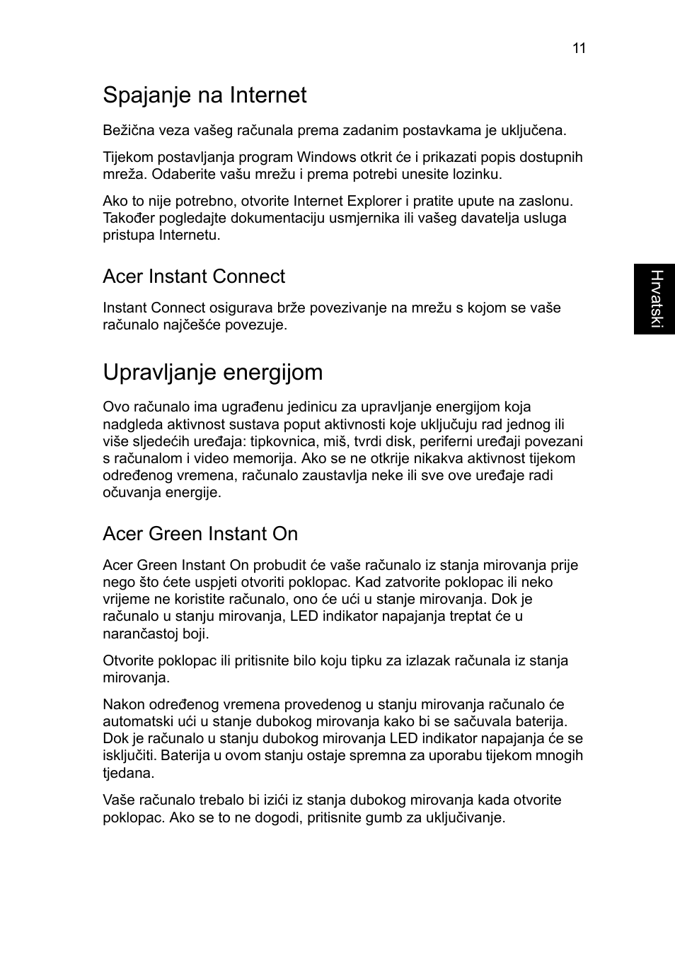 Spajanje na internet, Upravljanje energijom, Acer instant connect | Acer green instant on | Acer Aspire S7-391 User Manual | Page 221 / 366