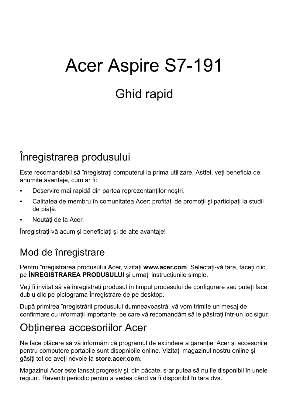 Română, Înregistrarea produsului, Mod de înregistrare | Obţinerea accesoriilor acer, Acer aspire s7-191, Ghid rapid | Acer Aspire S7-391 User Manual | Page 223 / 366
