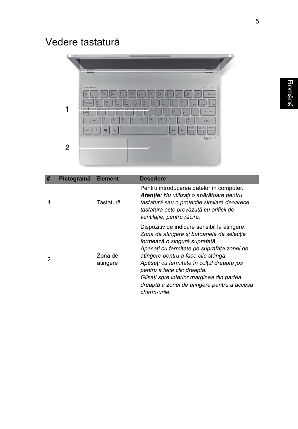 Vedere tastatură | Acer Aspire S7-391 User Manual | Page 227 / 366
