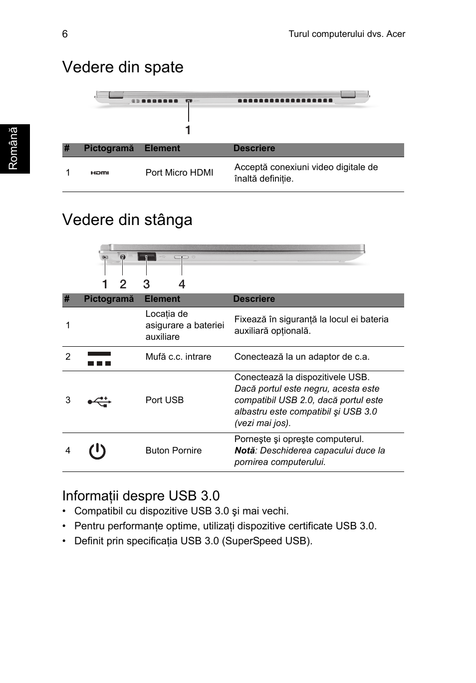 Vedere din spate, Vedere din stânga, Informaţii despre usb 3.0 | Vedere din spate vedere din stânga | Acer Aspire S7-391 User Manual | Page 228 / 366