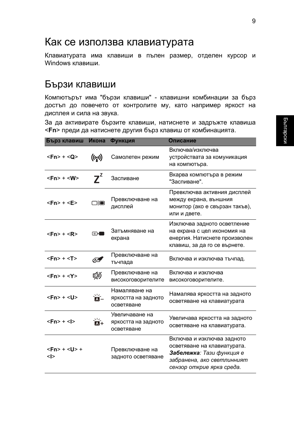 Как се използва клавиатурата, Бързи клавиши | Acer Aspire S7-391 User Manual | Page 243 / 366