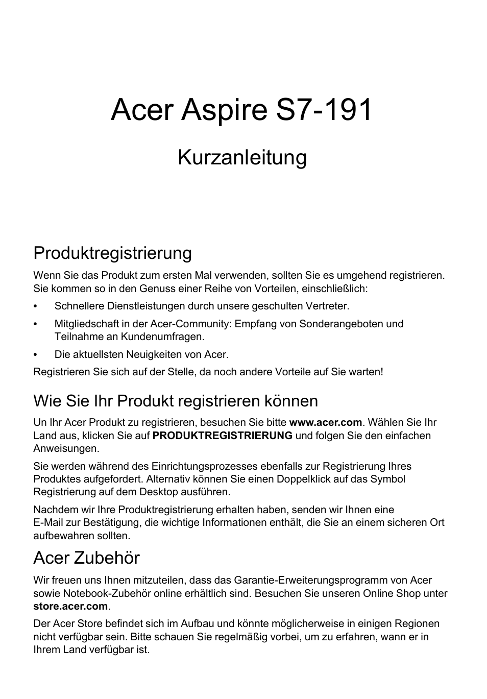 Deutsch, Produktregistrierung, Wie sie ihr produkt registrieren können | Acer zubehör, Acer aspire s7-191, Kurzanleitung | Acer Aspire S7-391 User Manual | Page 25 / 366