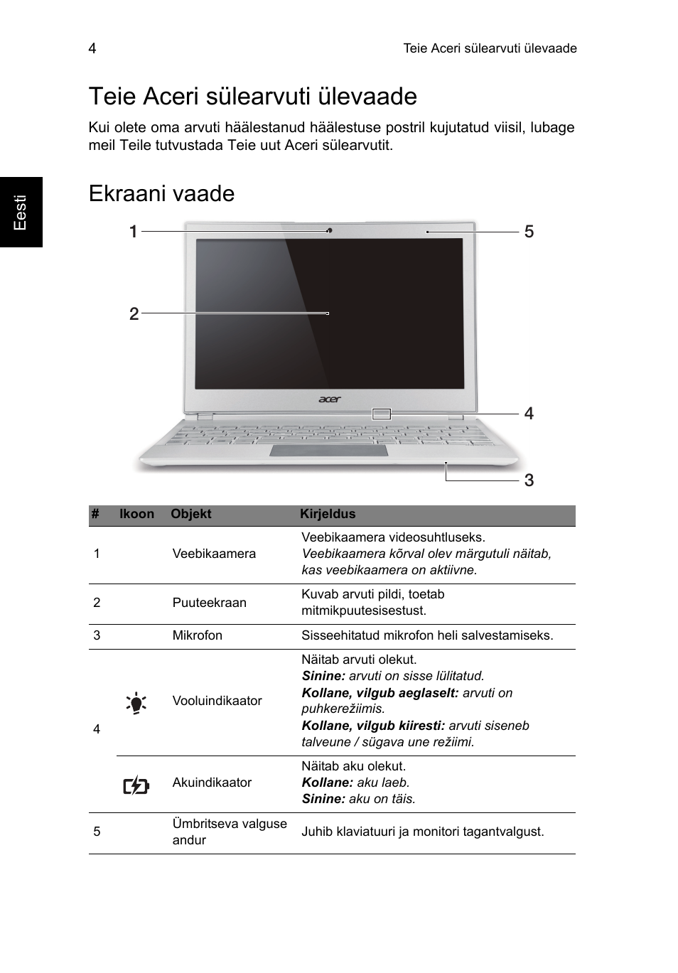 Teie aceri sülearvuti ülevaade, Ekraani vaade | Acer Aspire S7-391 User Manual | Page 250 / 366