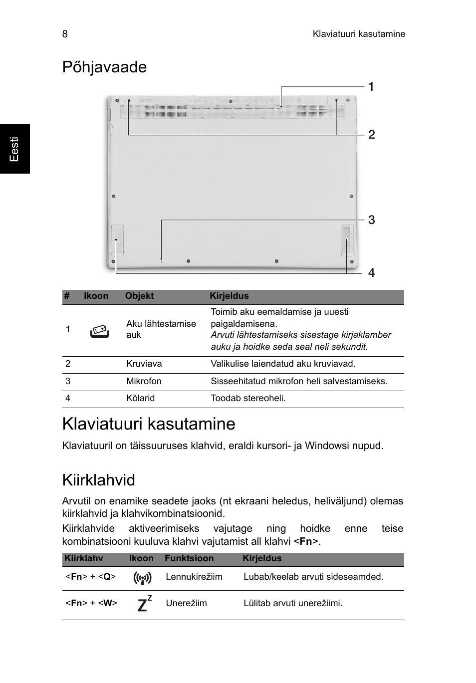 Pőhjavaade, Klaviatuuri kasutamine, Kiirklahvid | Acer Aspire S7-391 User Manual | Page 254 / 366