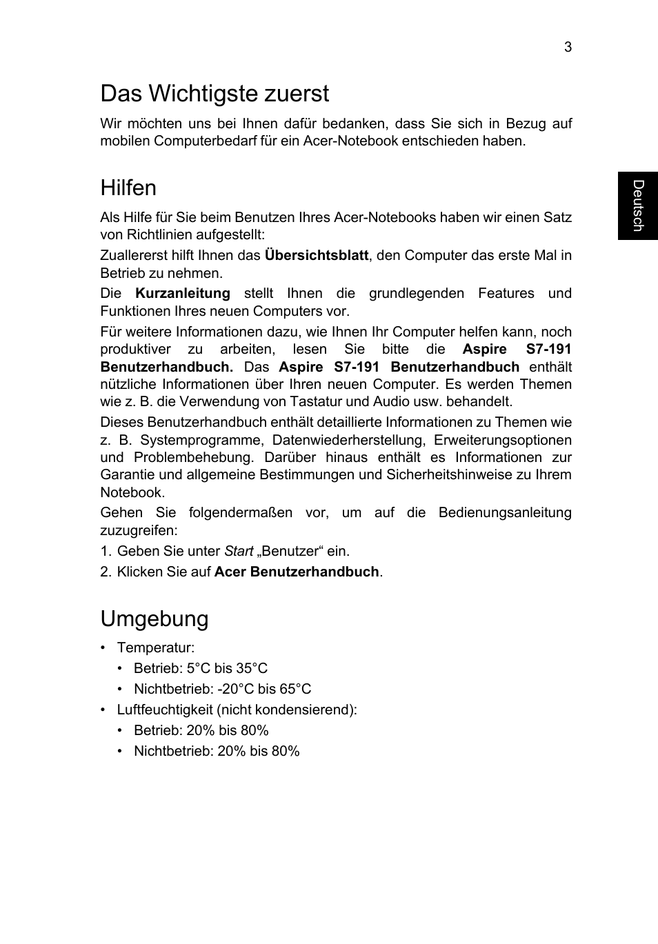 Das wichtigste zuerst, Hilfen, Umgebung | Acer Aspire S7-391 User Manual | Page 27 / 366