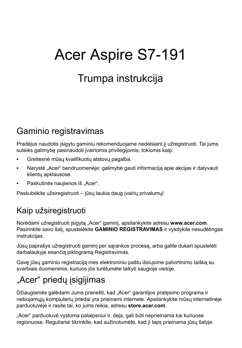 Lietuviškai, Gaminio registravimas, Kaip užsiregistruoti | Acer“ priedų įsigijimas, Acer aspire s7-191, Trumpa instrukcija | Acer Aspire S7-391 User Manual | Page 271 / 366