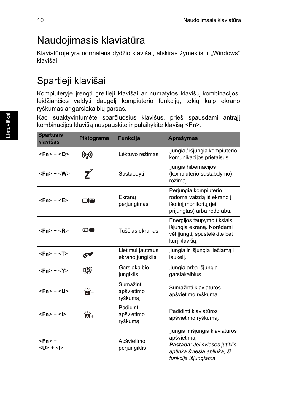 Naudojimasis klaviatūra, Spartieji klavišai | Acer Aspire S7-391 User Manual | Page 280 / 366