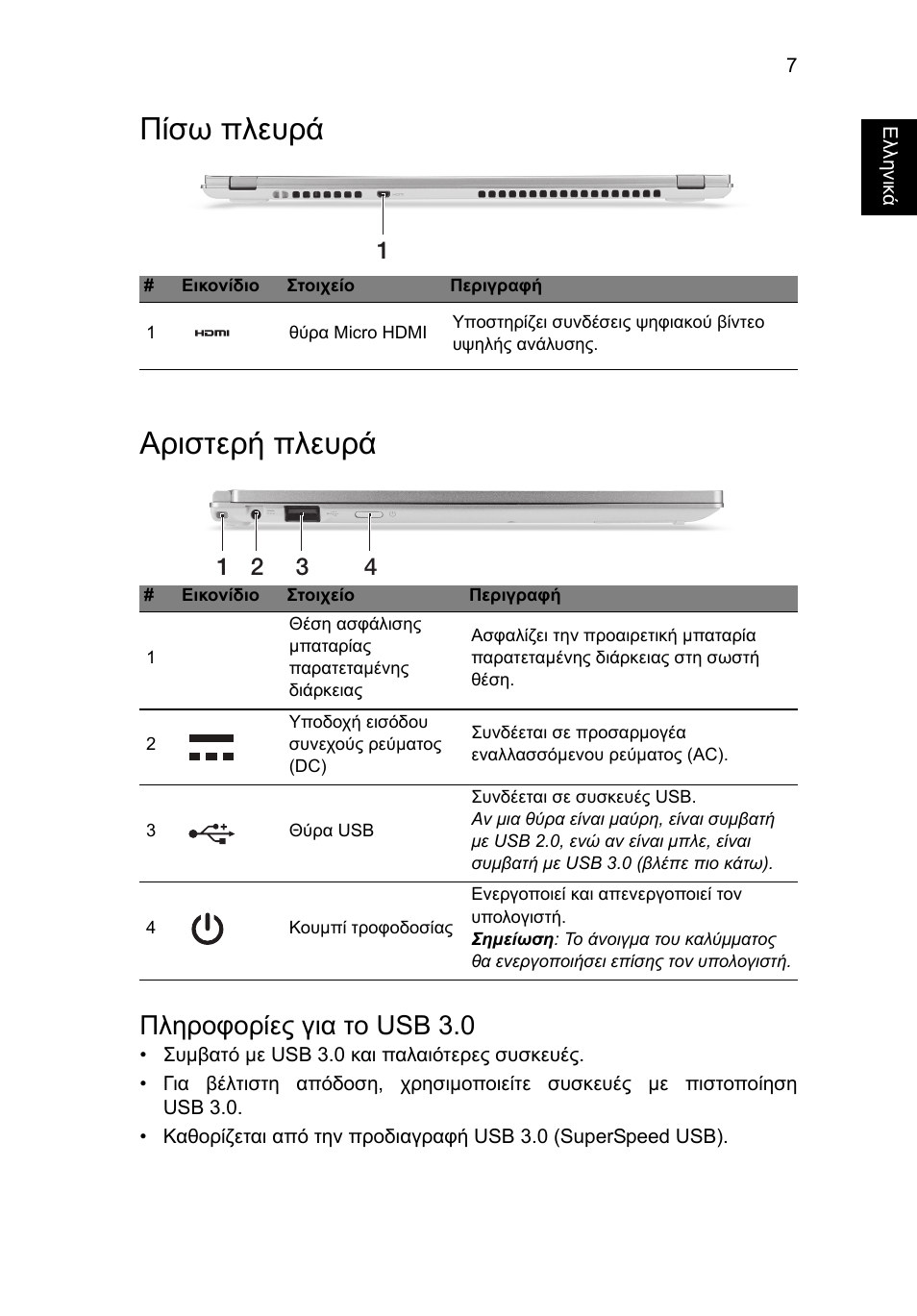 Πίσω πλευρά, Αριστερή πλευρά, Πληροφορίες για το usb 3.0 | Πίσω πλευρά αριστερή πλευρά | Acer Aspire S7-391 User Manual | Page 291 / 366