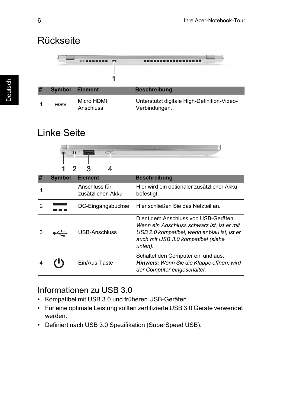 Rückseite, Linke seite, Informationen zu usb 3.0 | Rückseite linke seite | Acer Aspire S7-391 User Manual | Page 30 / 366