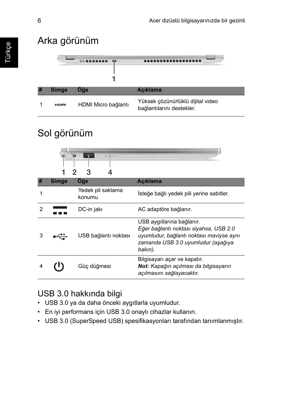 Arka görünüm, Sol görünüm, Usb 3.0 hakkında bilgi | Arka görünüm sol görünüm | Acer Aspire S7-391 User Manual | Page 304 / 366