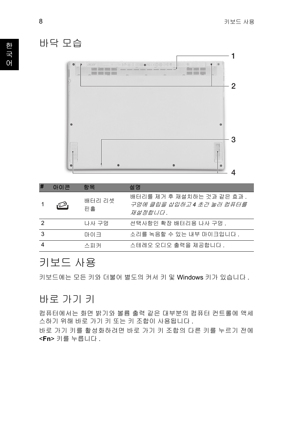 바닥 모습, 키보드 사용, 바로 가기 키 | Acer Aspire S7-391 User Manual | Page 318 / 366