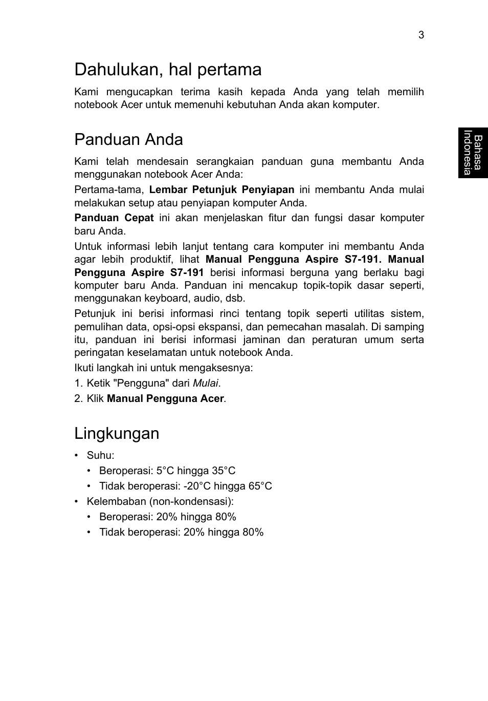 Dahulukan, hal pertama, Panduan anda, Lingkungan | Acer Aspire S7-391 User Manual | Page 345 / 366