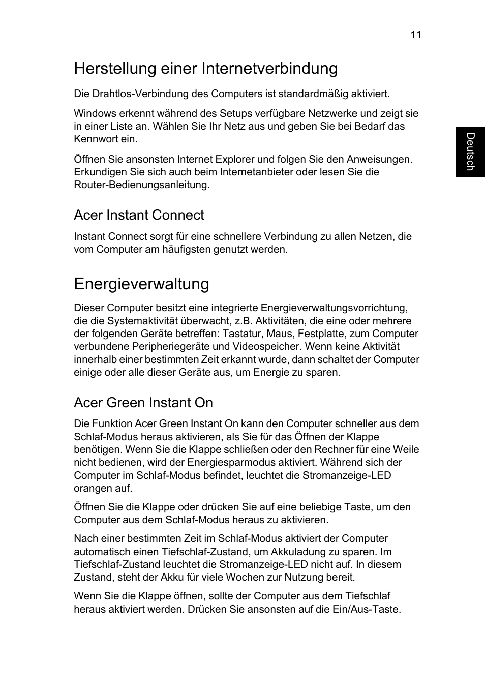 Herstellung einer internetverbindung, Energieverwaltung, Acer instant connect | Acer green instant on | Acer Aspire S7-391 User Manual | Page 35 / 366