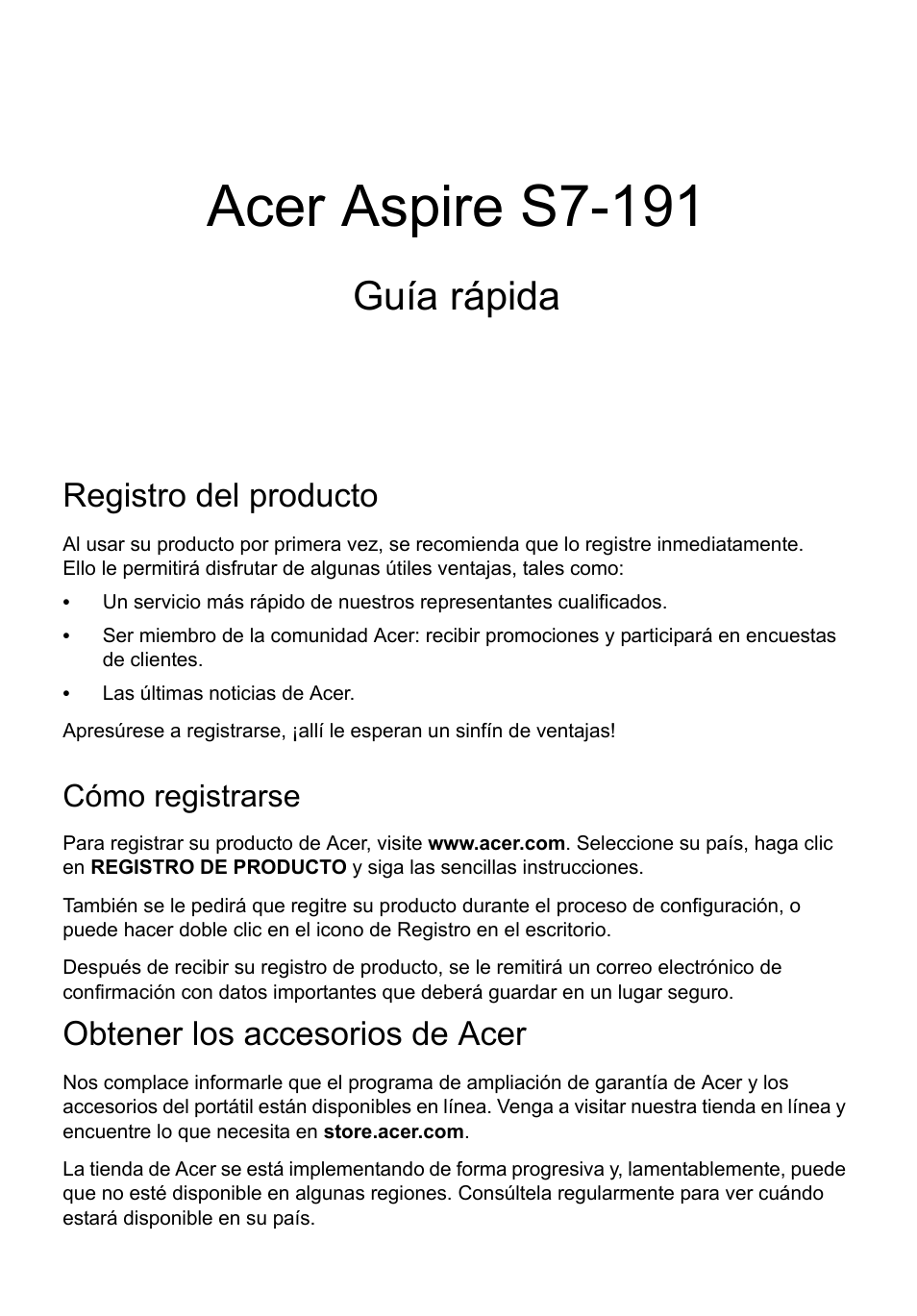 Español, Registro del producto, Cómo registrarse | Obtener los accesorios de acer, Acer aspire s7-191, Guía rápida | Acer Aspire S7-391 User Manual | Page 49 / 366