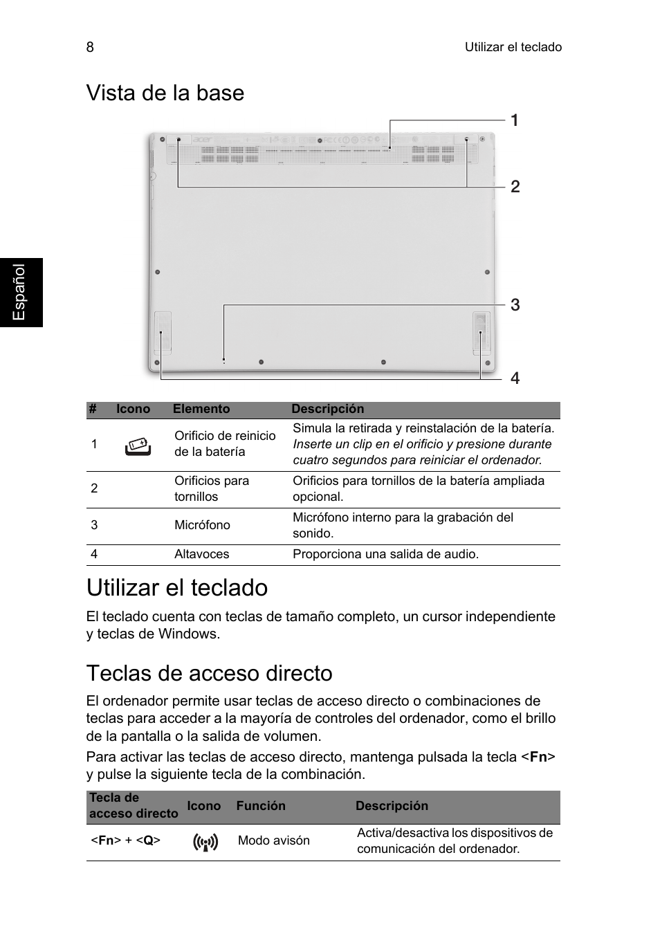 Vista de la base, Utilizar el teclado, Teclas de acceso directo | Acer Aspire S7-391 User Manual | Page 56 / 366