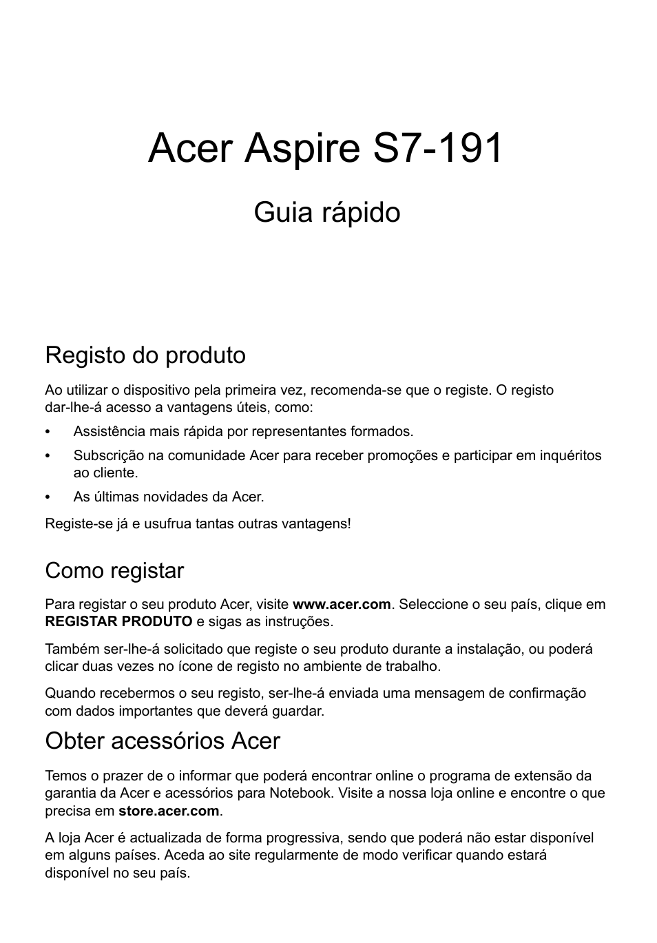 Português, Registo do produto, Como registar | Obter acessórios acer, Acer aspire s7-191, Guia rápido | Acer Aspire S7-391 User Manual | Page 65 / 366