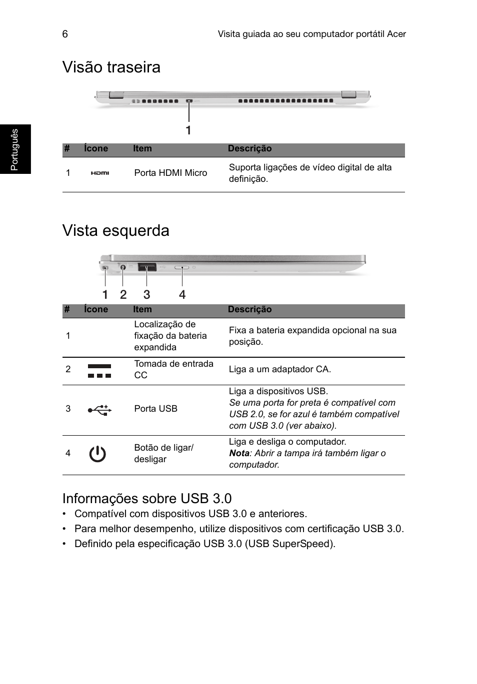 Visão traseira, Vista esquerda, Informações sobre usb 3.0 | Visão traseira vista esquerda | Acer Aspire S7-391 User Manual | Page 70 / 366