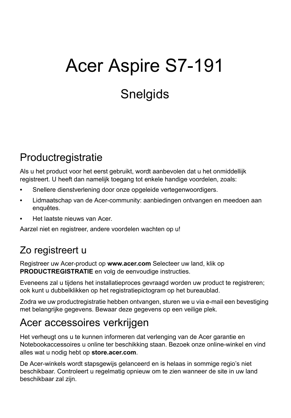 Nederlands, Productregistratie, Zo registreert u | Acer accessoires verkrijgen, Acer aspire s7-191, Snelgids | Acer Aspire S7-391 User Manual | Page 77 / 366