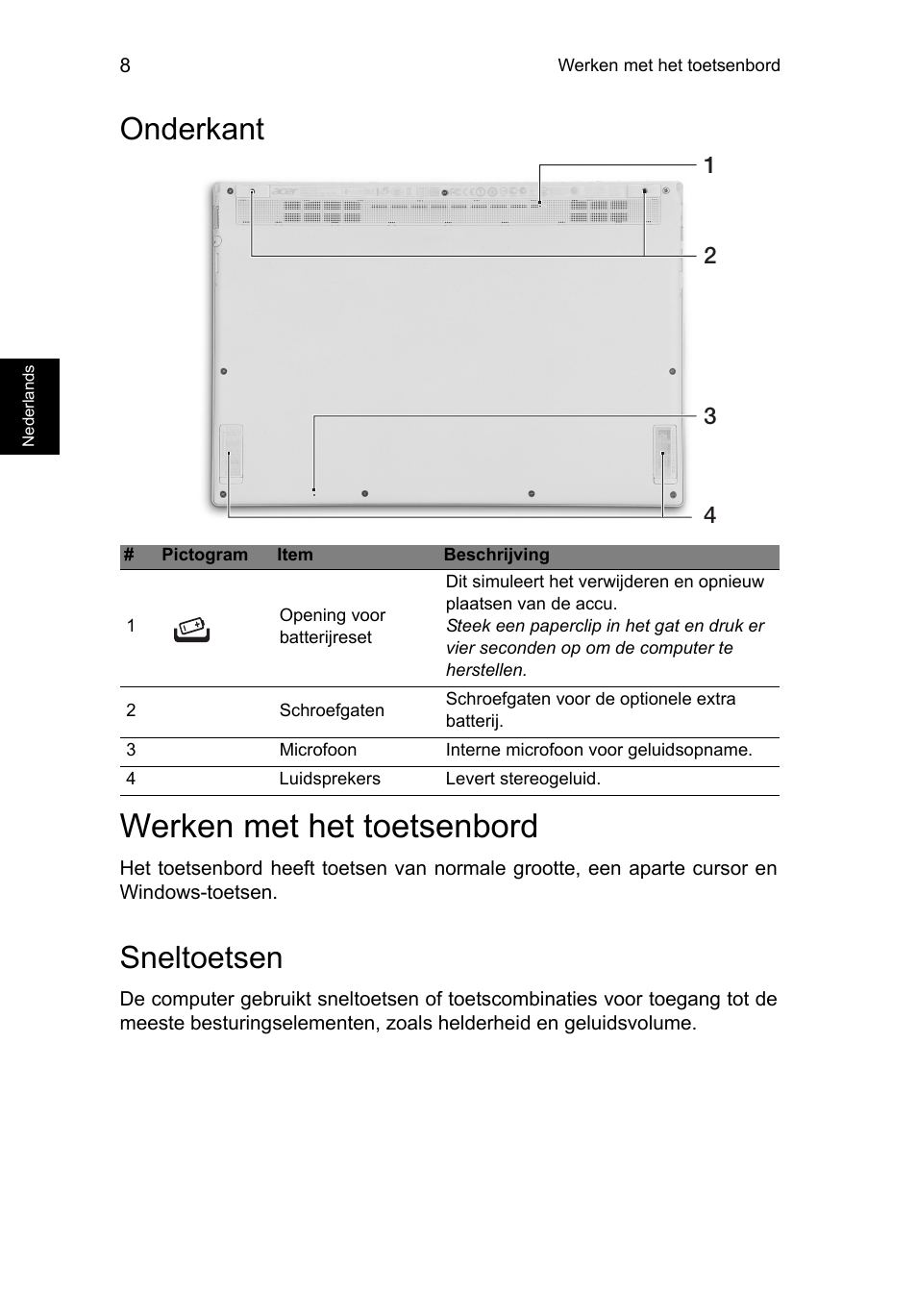 Onderkant, Werken met het toetsenbord, Sneltoetsen | Acer Aspire S7-391 User Manual | Page 84 / 366