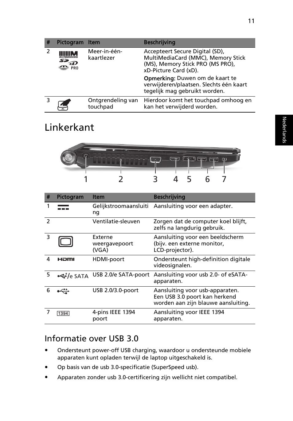 Linkerkant, Informatie over usb 3.0 | Acer Aspire 5951G User Manual | Page 101 / 440
