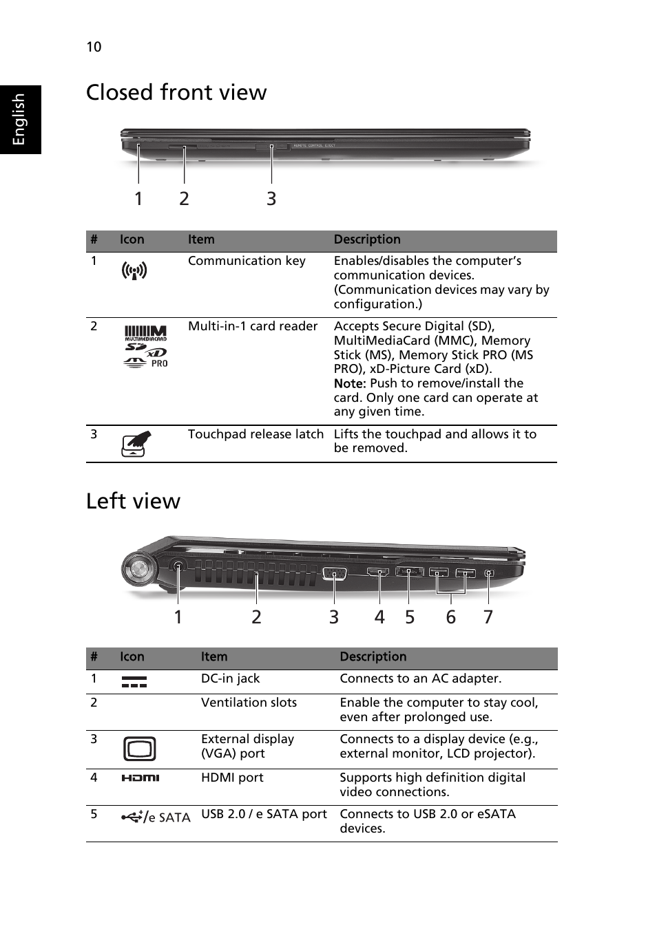 Closed front view, Left view, Closed front view left view | Acer Aspire 5951G User Manual | Page 12 / 440