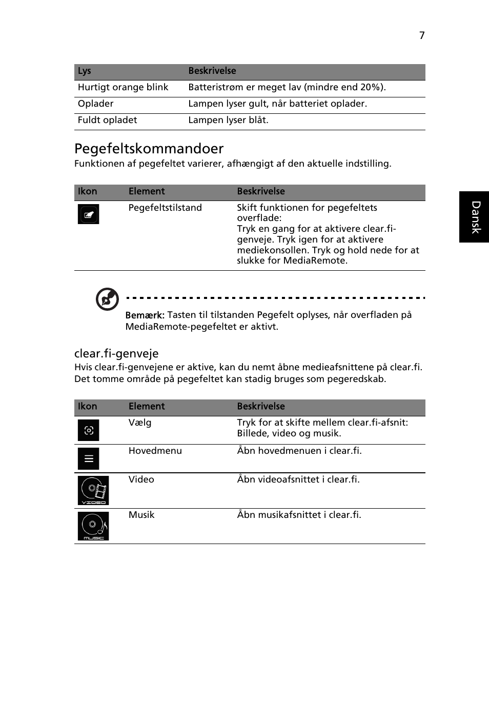 Pegefeltskommandoer, Danskdansk, Clear.fi-genveje | Acer Aspire 5951G User Manual | Page 125 / 440
