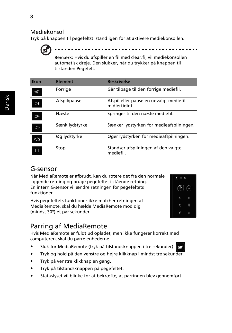 G-sensor, Parring af mediaremote | Acer Aspire 5951G User Manual | Page 126 / 440