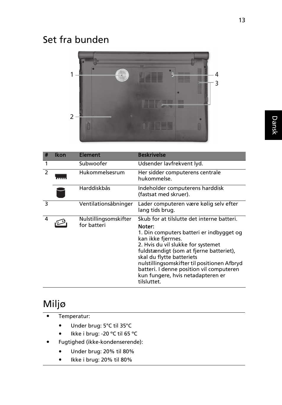 Set fra bunden, Miljø, Set fra bunden miljø | Acer Aspire 5951G User Manual | Page 131 / 440