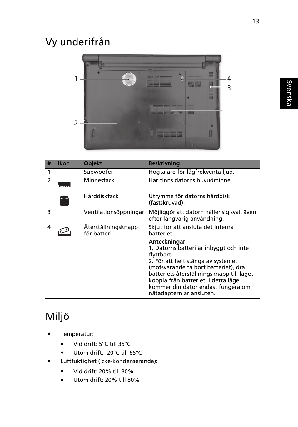 Vy underifrån, Miljö, Vy underifrån miljö | Acer Aspire 5951G User Manual | Page 145 / 440