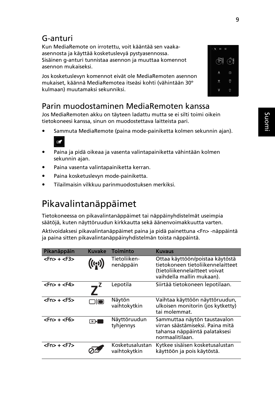 Pikavalintanäppäimet, G-anturi, Parin muodostaminen mediaremoten kanssa | Acer Aspire 5951G User Manual | Page 155 / 440