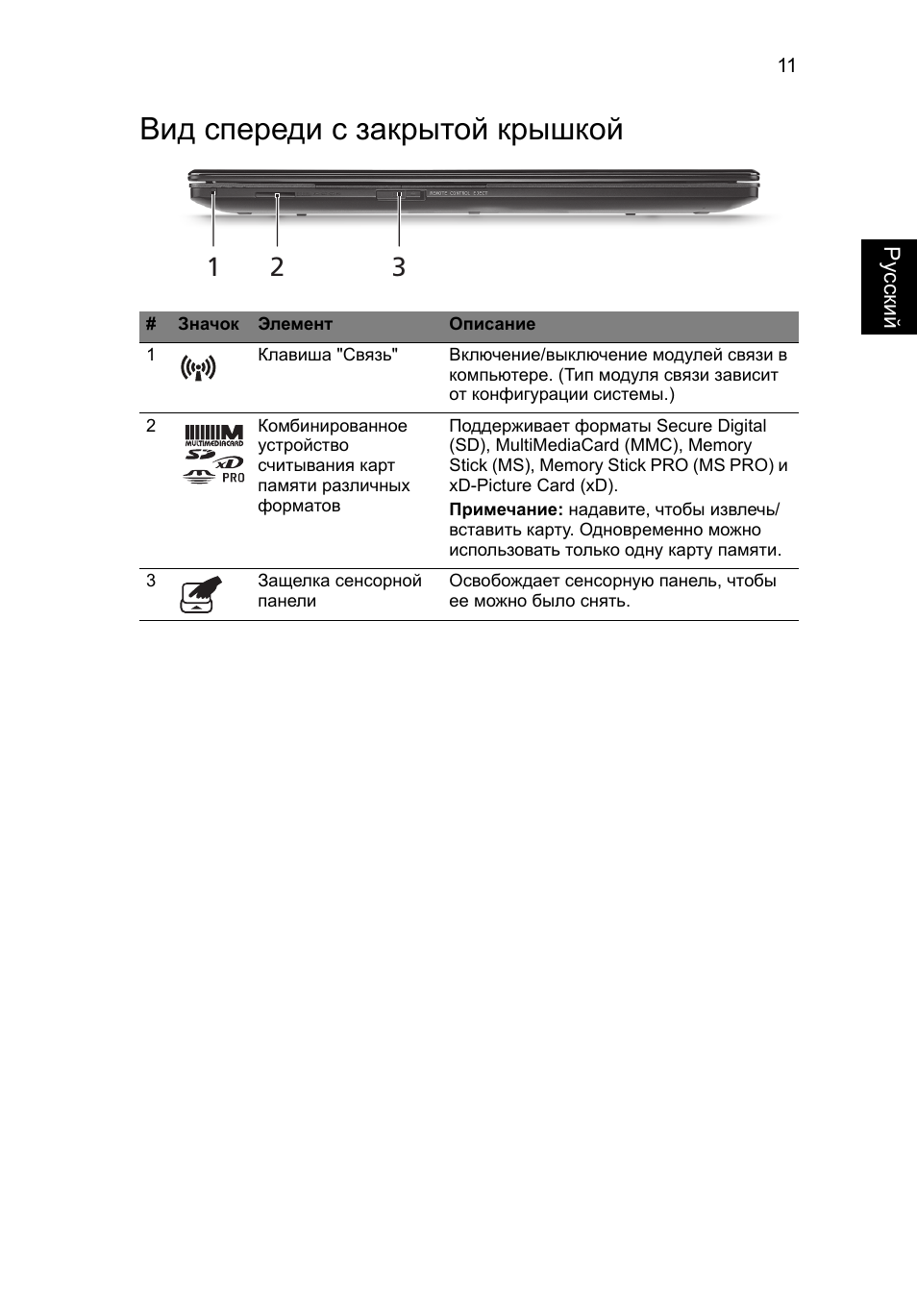 Вид спереди с закрытой крышкой | Acer Aspire 5951G User Manual | Page 171 / 440