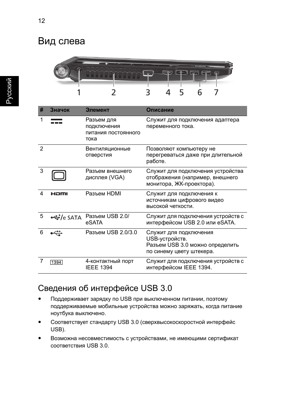 Вид слева, Сведения об интерфейсе usb 3.0 | Acer Aspire 5951G User Manual | Page 172 / 440