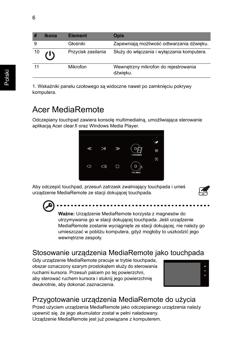 Acer mediaremote, Stosowanie urządzenia mediaremote jako touchpada, Przygotowanie urządzenia mediaremote do użycia | Acer Aspire 5951G User Manual | Page 182 / 440