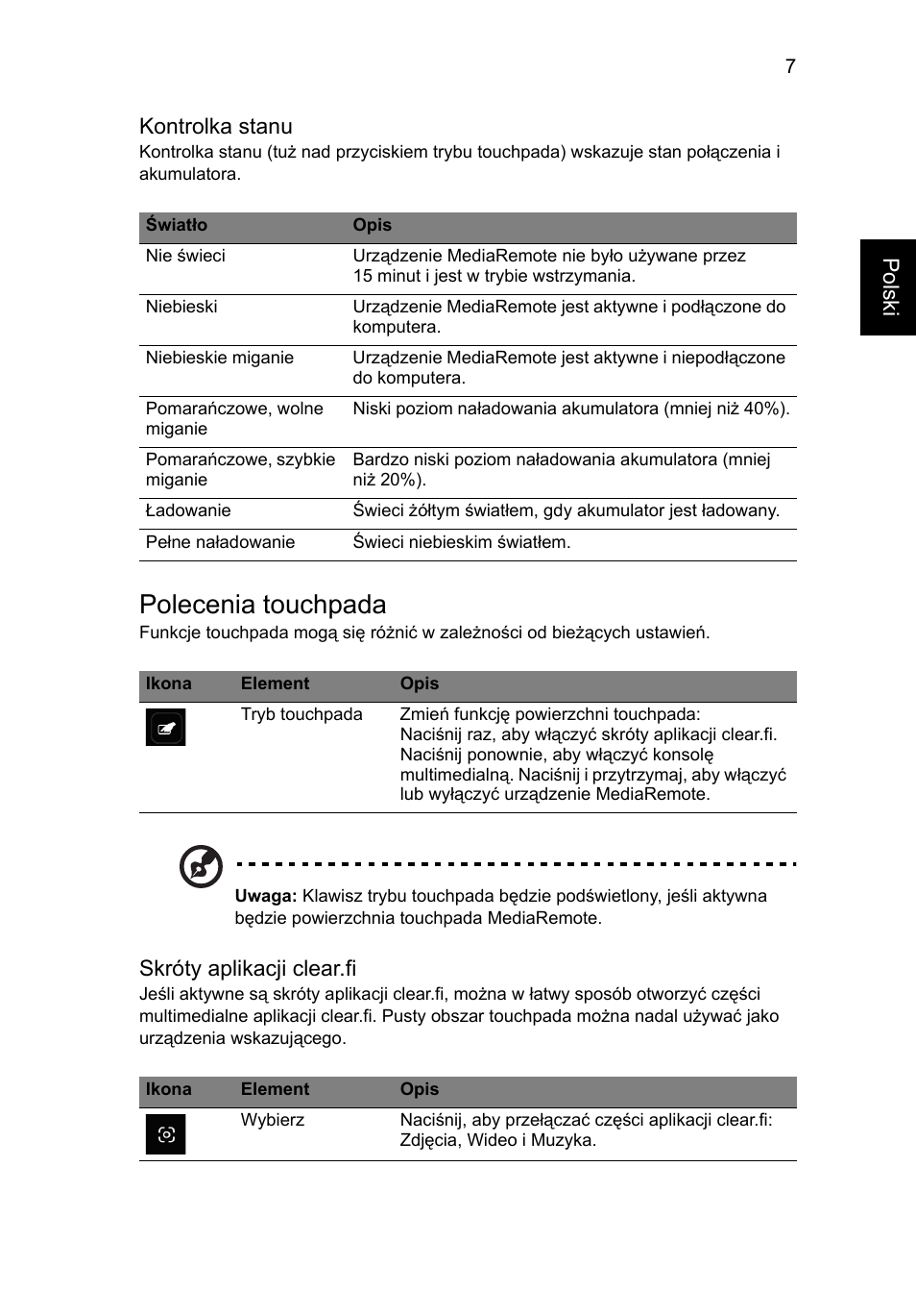 Polecenia touchpada | Acer Aspire 5951G User Manual | Page 183 / 440