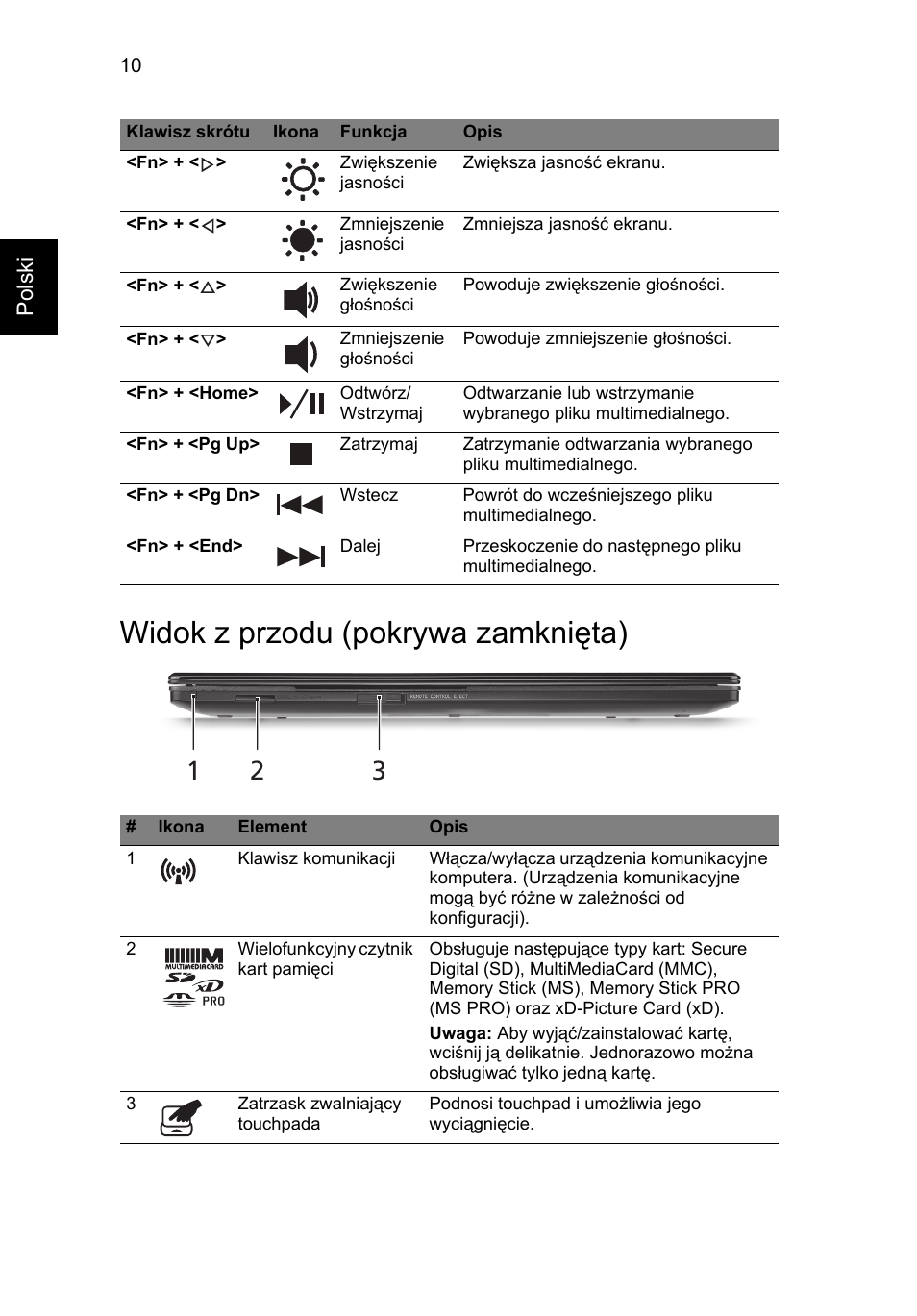 Widok z przodu (pokrywa zamknięta) | Acer Aspire 5951G User Manual | Page 186 / 440