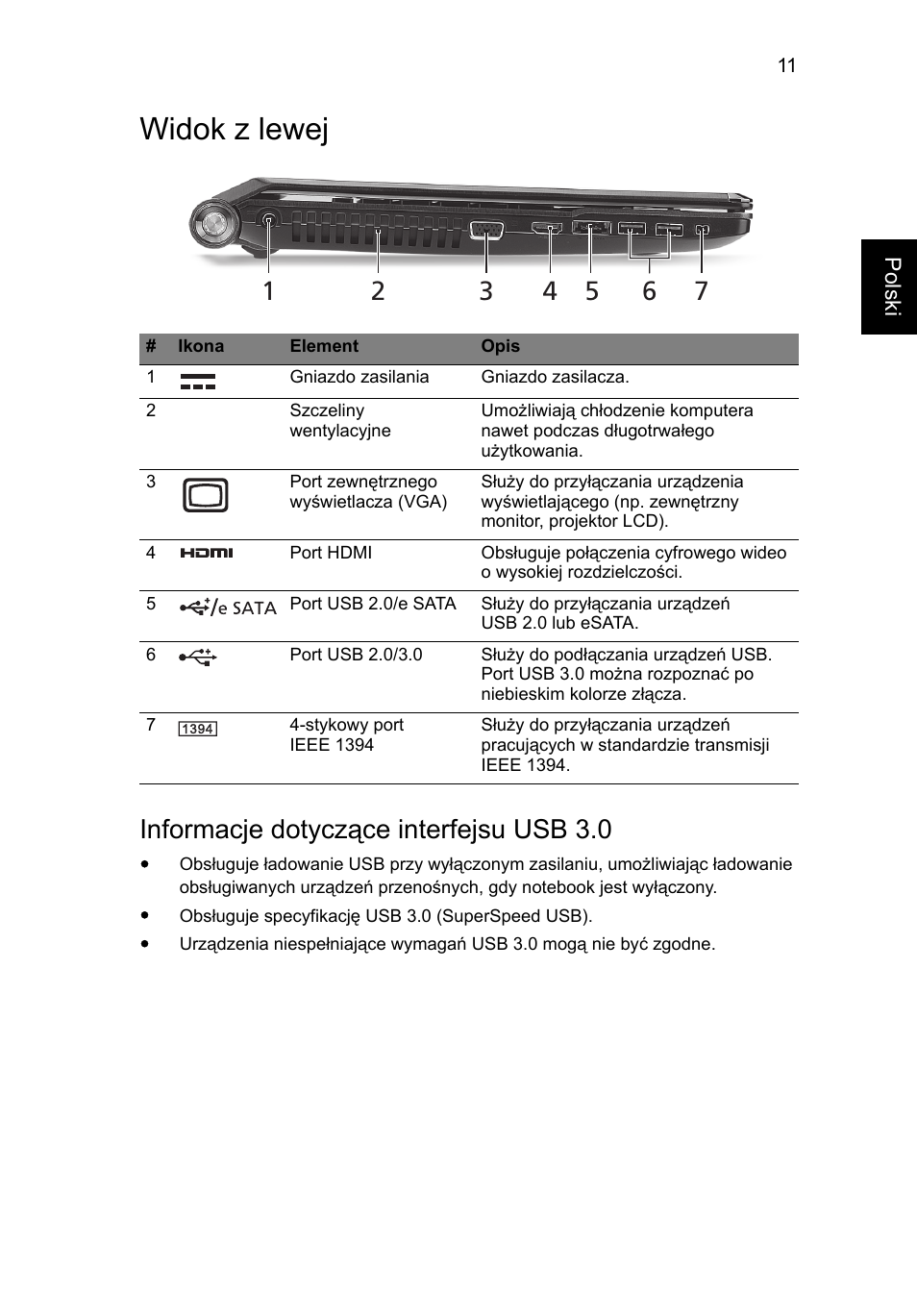 Widok z lewej, Informacje dotyczące interfejsu usb 3.0 | Acer Aspire 5951G User Manual | Page 187 / 440
