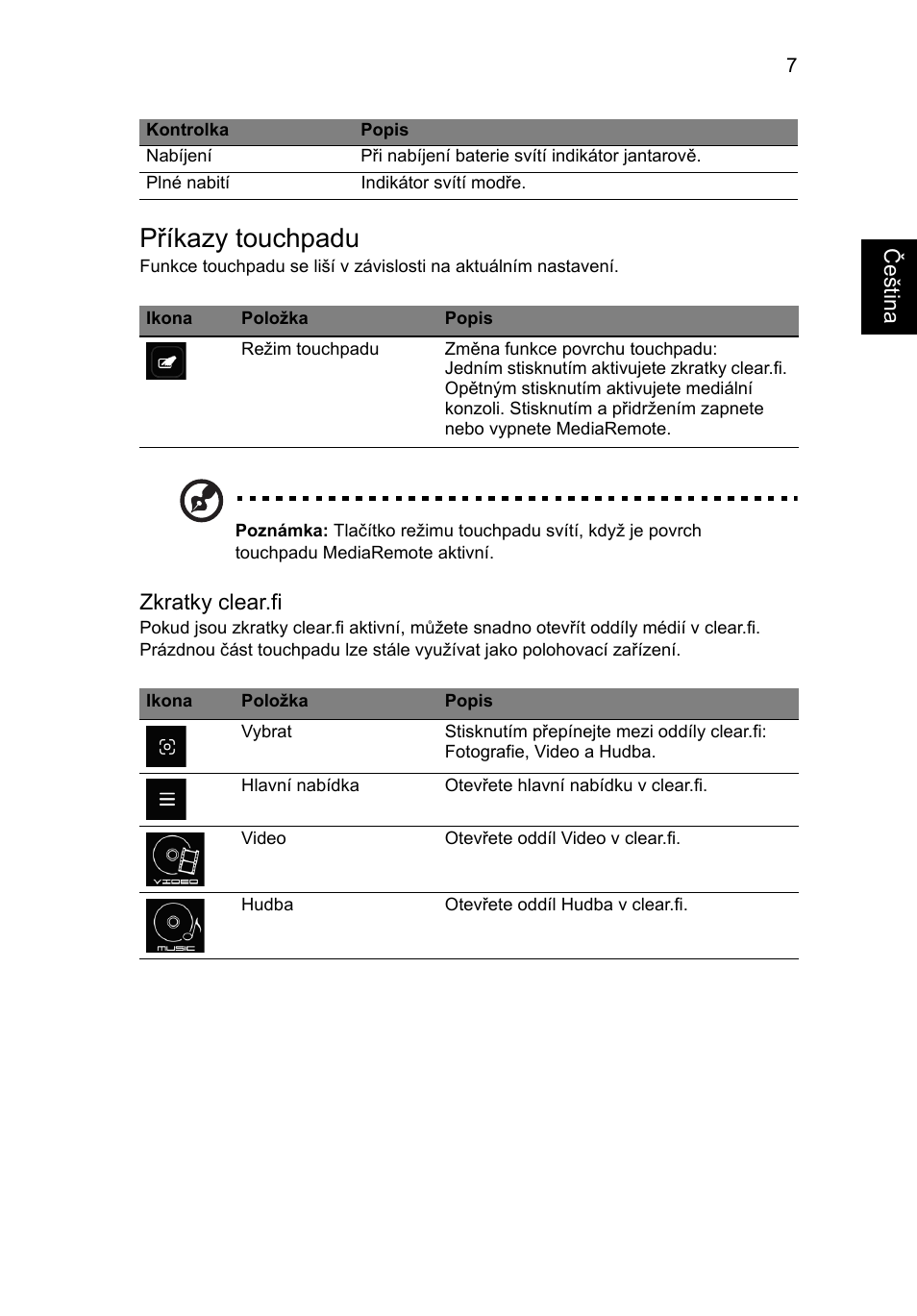 Příkazy touchpadu | Acer Aspire 5951G User Manual | Page 211 / 440