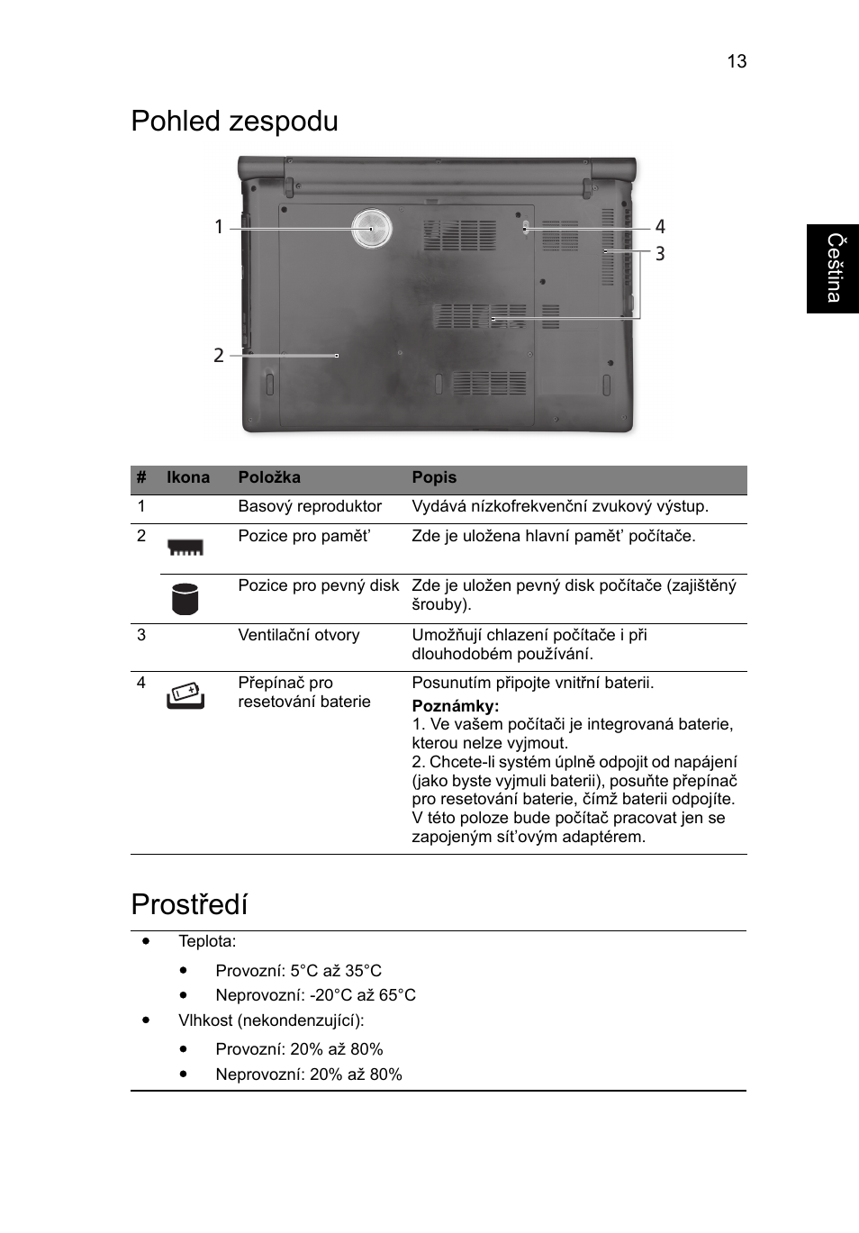 Pohled zespodu, Prostředí, Pohled zespodu prostředí | Acer Aspire 5951G User Manual | Page 217 / 440