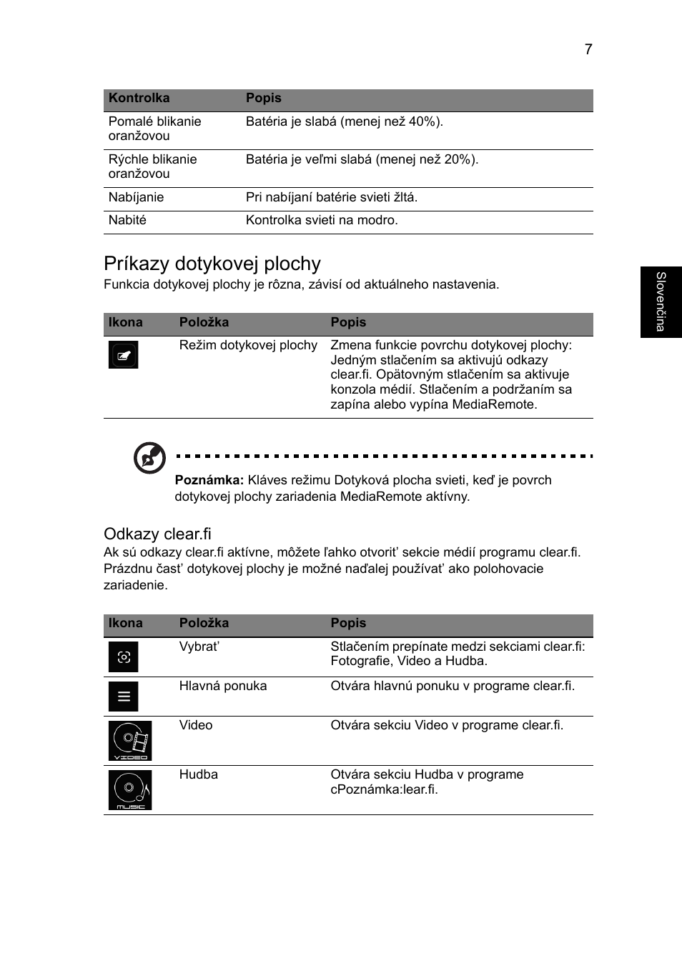 Príkazy dotykovej plochy, Odkazy clear.fi | Acer Aspire 5951G User Manual | Page 225 / 440