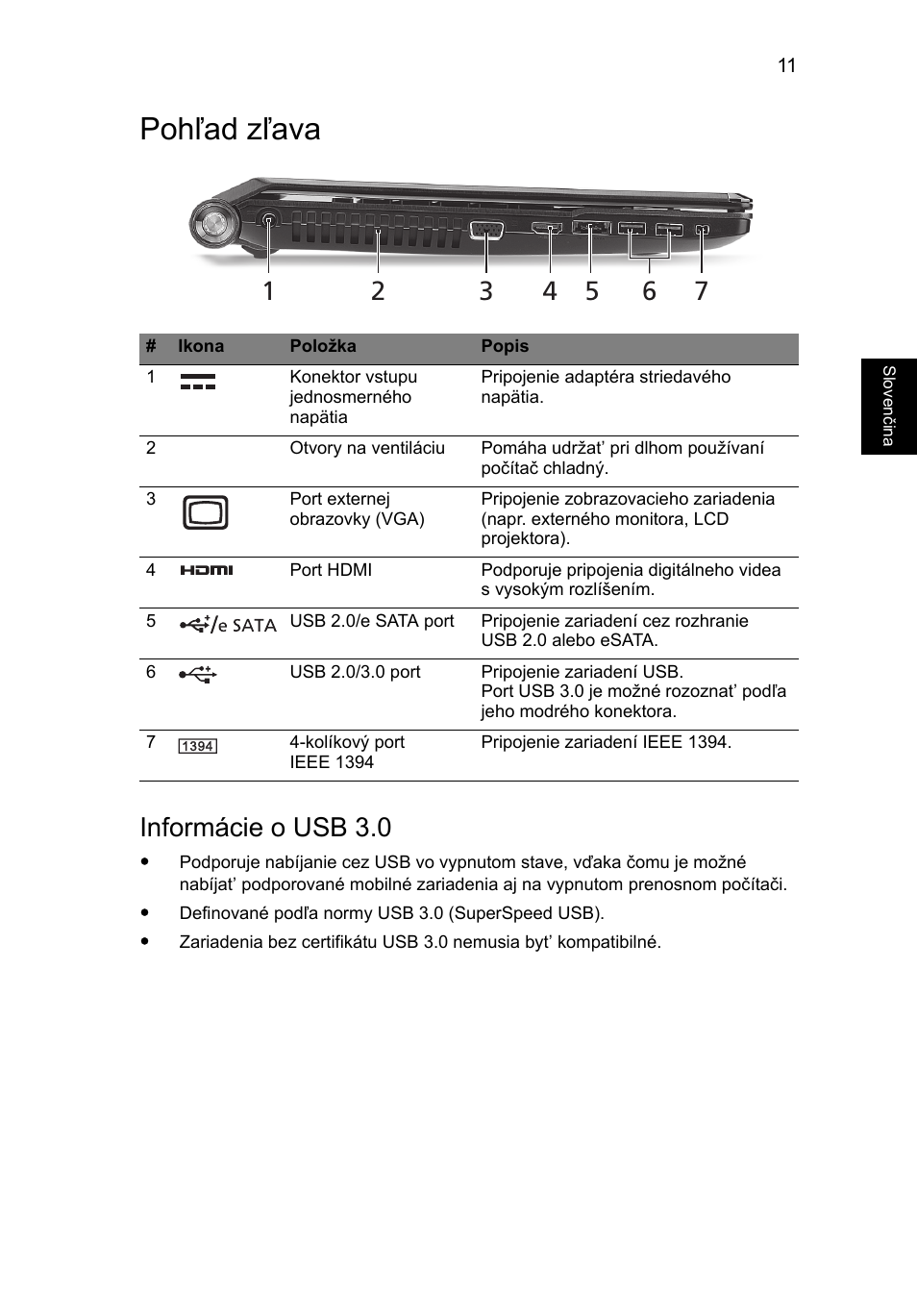 Pohľad zľava, Informácie o usb 3.0 | Acer Aspire 5951G User Manual | Page 229 / 440