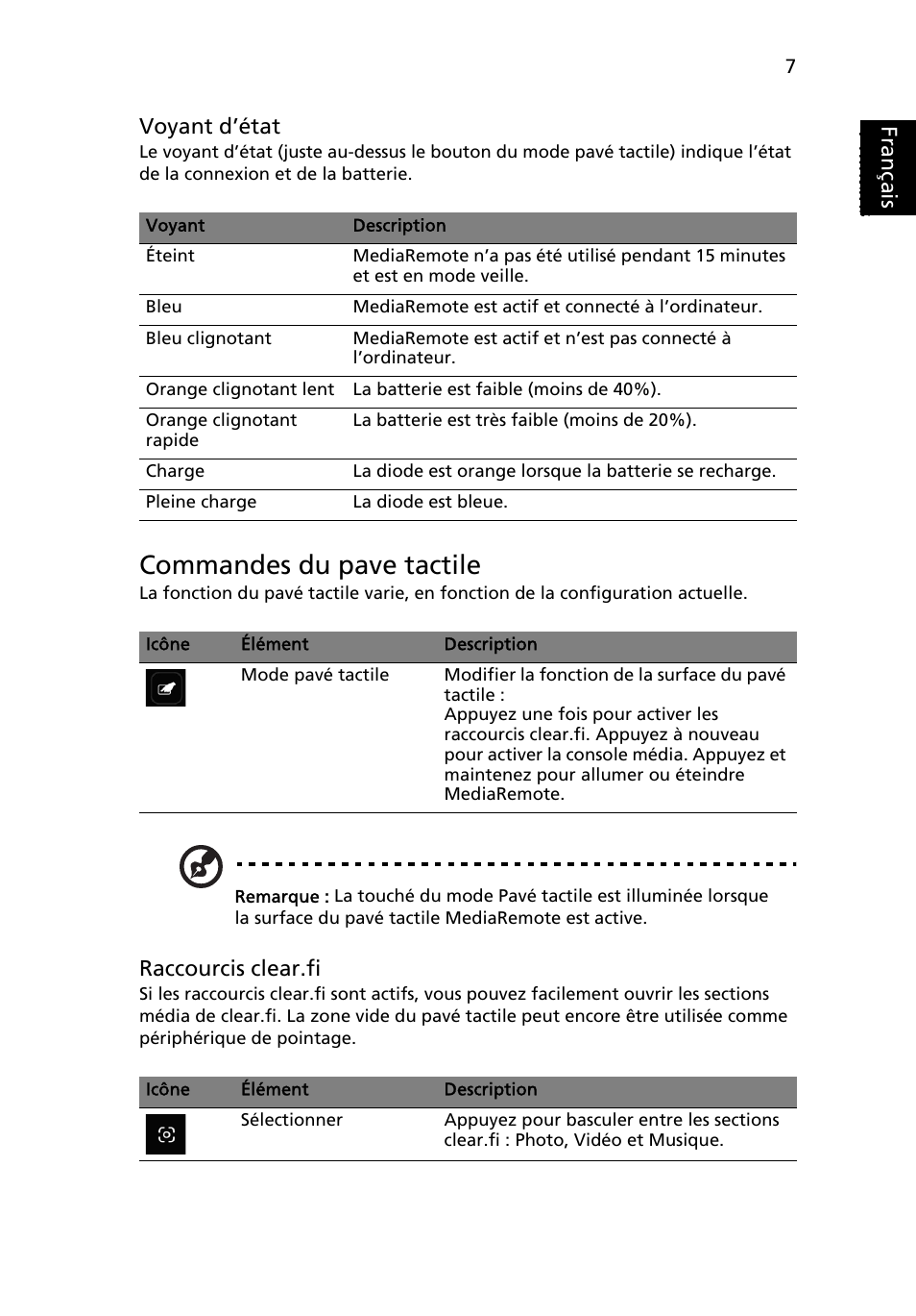 Français, Commandes du pave tactile | Acer Aspire 5951G User Manual | Page 23 / 440