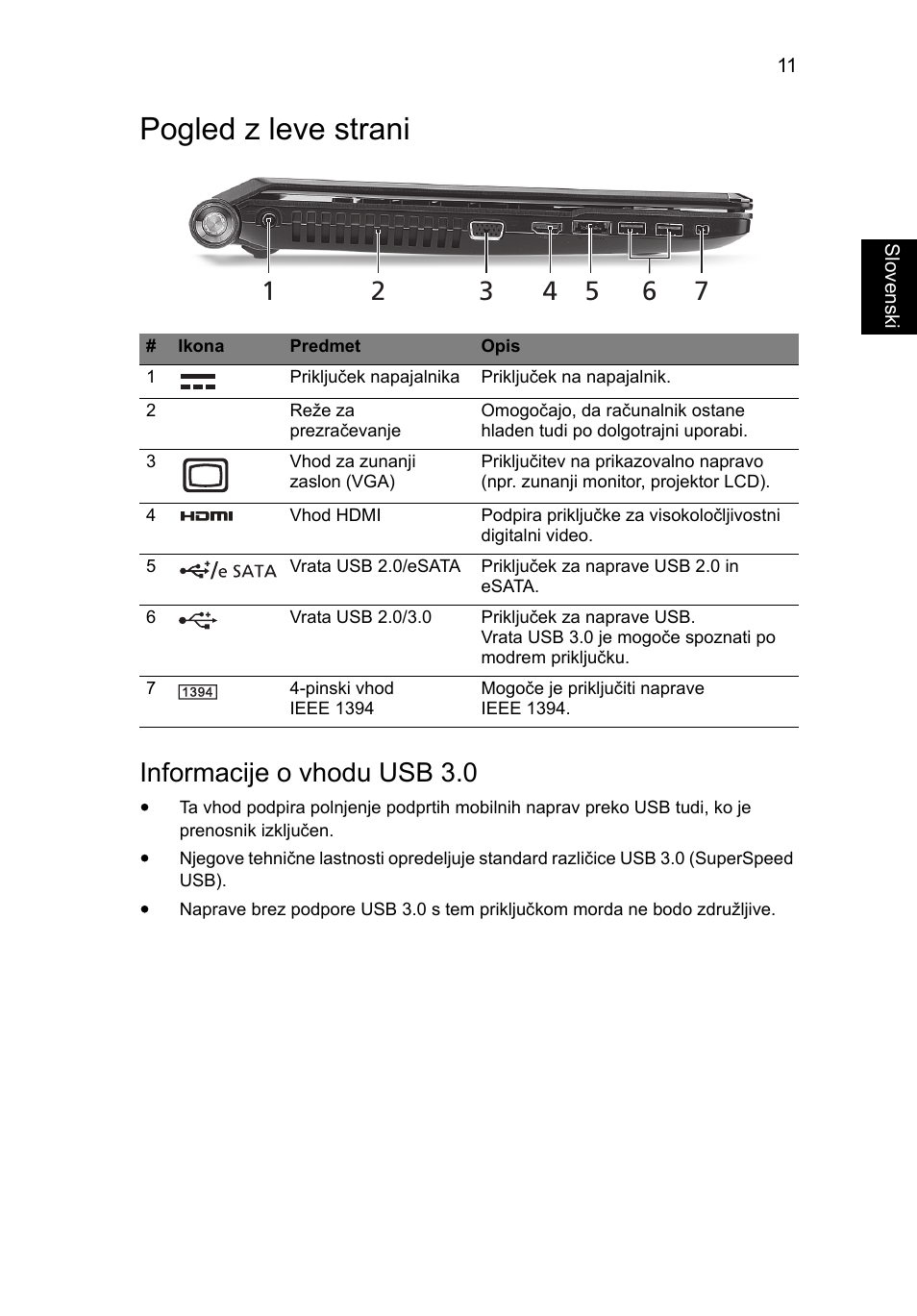 Pogled z leve strani, Informacije o vhodu usb 3.0 | Acer Aspire 5951G User Manual | Page 243 / 440