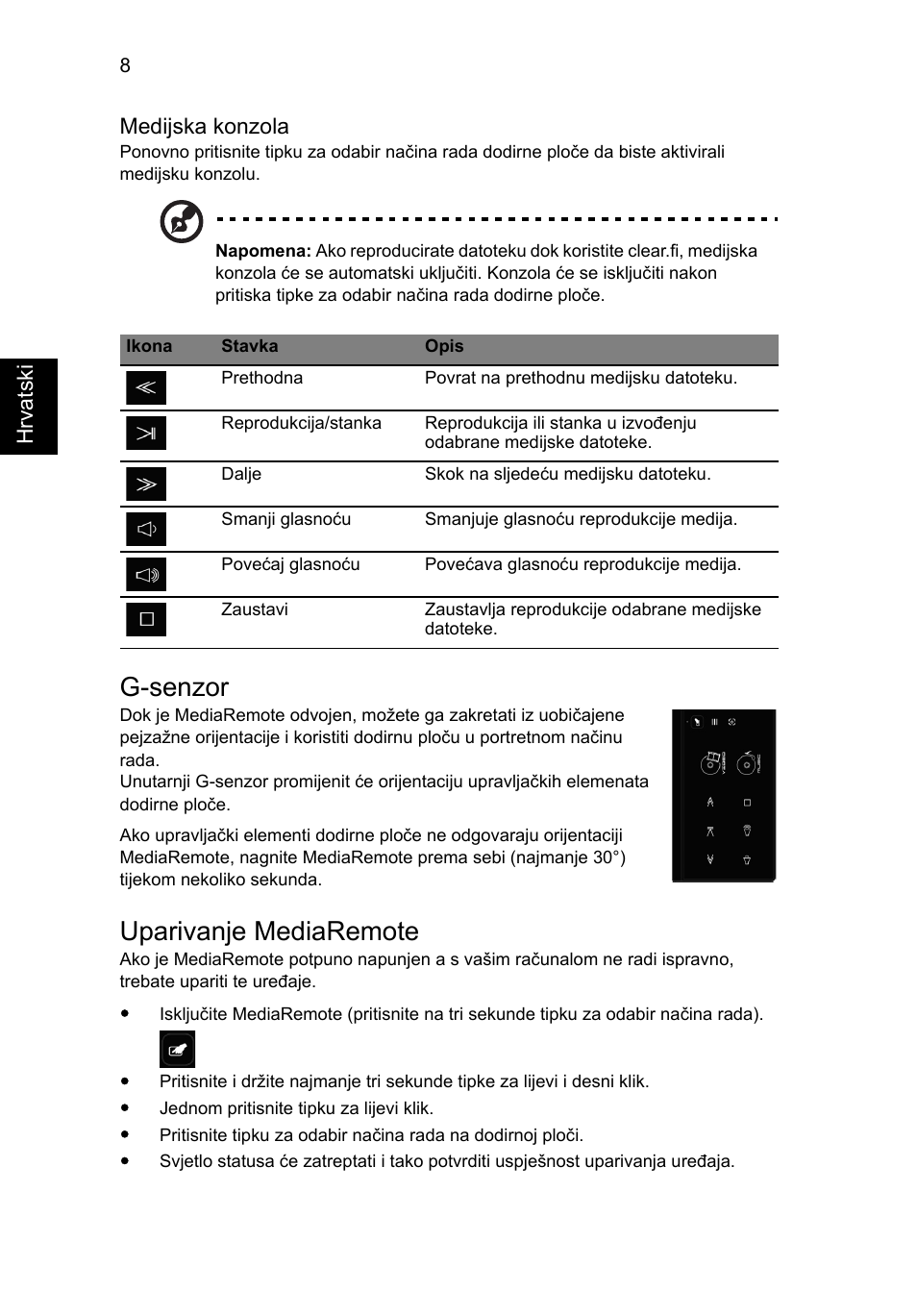 G-senzor, Uparivanje mediaremote | Acer Aspire 5951G User Manual | Page 254 / 440