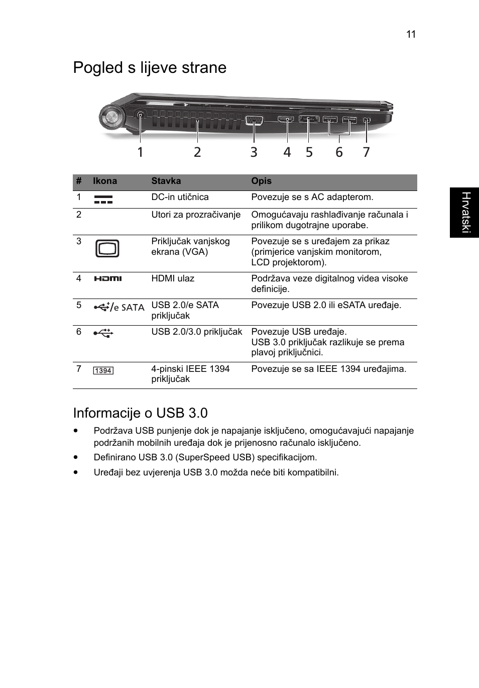 Pogled s lijeve strane, Informacije o usb 3.0 | Acer Aspire 5951G User Manual | Page 257 / 440