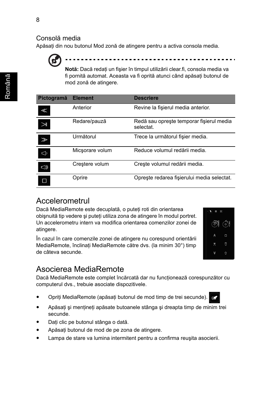 Accelerometrul, Asocierea mediaremote | Acer Aspire 5951G User Manual | Page 268 / 440